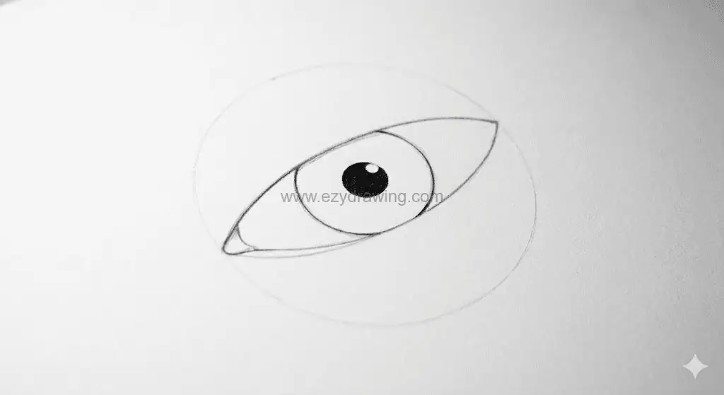 Simple eye sketch showing iris, dark pupil, highlight, and curved eyelid guide lines.