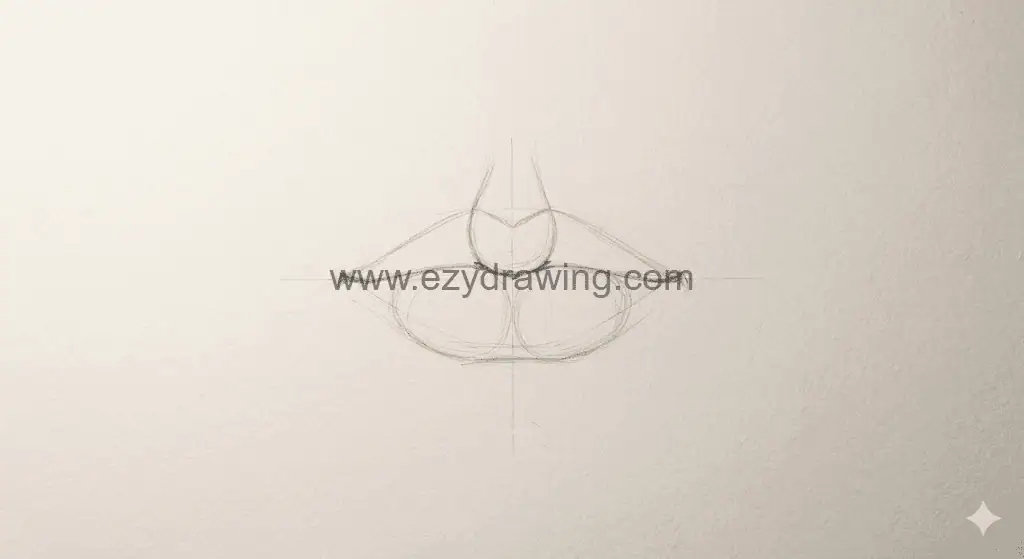 How To Draw Lips Cute Creative Drawing Guide 3 How To Draw Lips step two showing three main lip masses, center guides, curved outlines, and simple pencil structure.