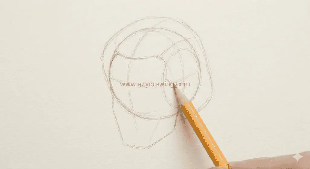 Early pencil sketch mapping hair volume and hairline on a basic head construction guide