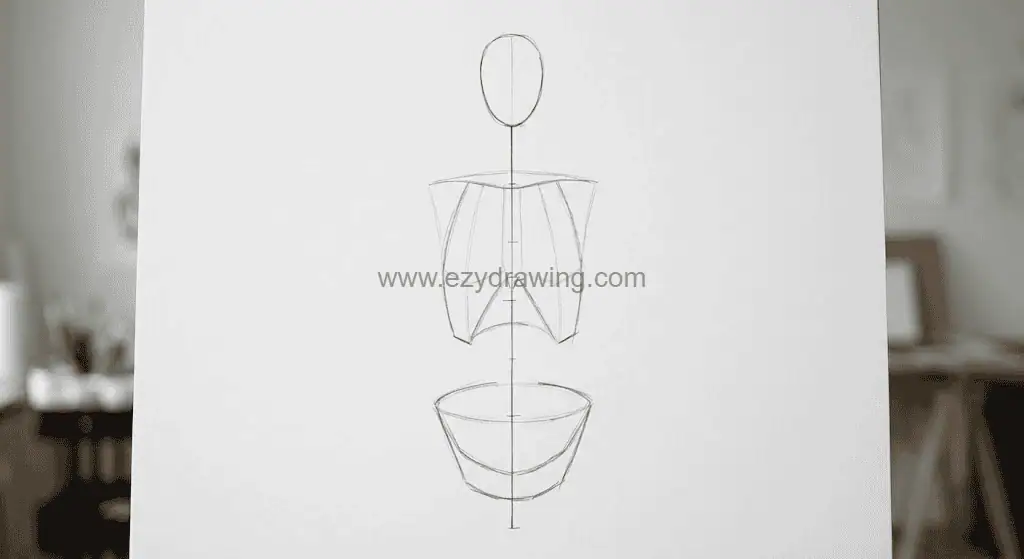 How To Draw Bodies Easy Stunning Beginner Sketch Guide 3 How To Draw Bodies step two showing ribcage and pelvis masses built with simple torso shapes on a center guide line.