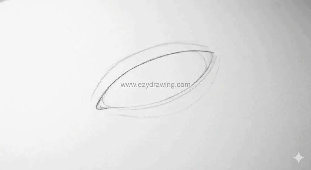 Light pencil eye sketch showing almond shape, eyelid folds, and guide lines for lid plane changes.