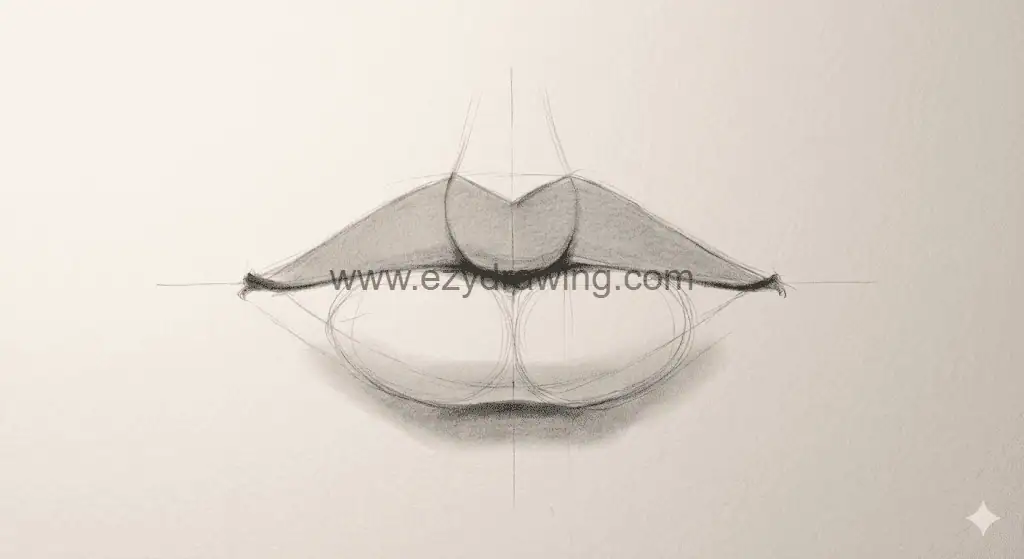 How To Draw Lips Cute Creative Drawing Guide 4 How To Draw Lips step three showing main planes, soft shadows, upper lip shading, and pencil structure guides.