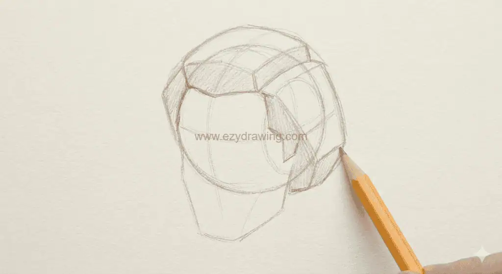 Light pencil sketch showing blocked hair sections around a simple head shape with a yellow pencil