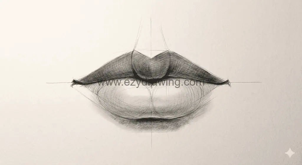 How To Draw Lips Cute Creative Drawing Guide 5 How To Draw Lips step four showing volumetric shading, dark upper lip tone, contours, and soft pencil shadows