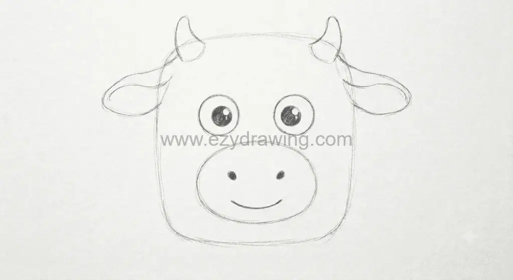 how to draw a cow step 4 shows cute eyes, smiling muzzle, ears, horns, and a rounded head outline for a simple cow face
