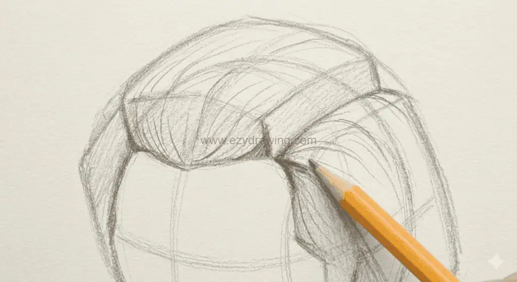 Pencil shading tutorial showing directional hair flow and core shadows on a male head drawing