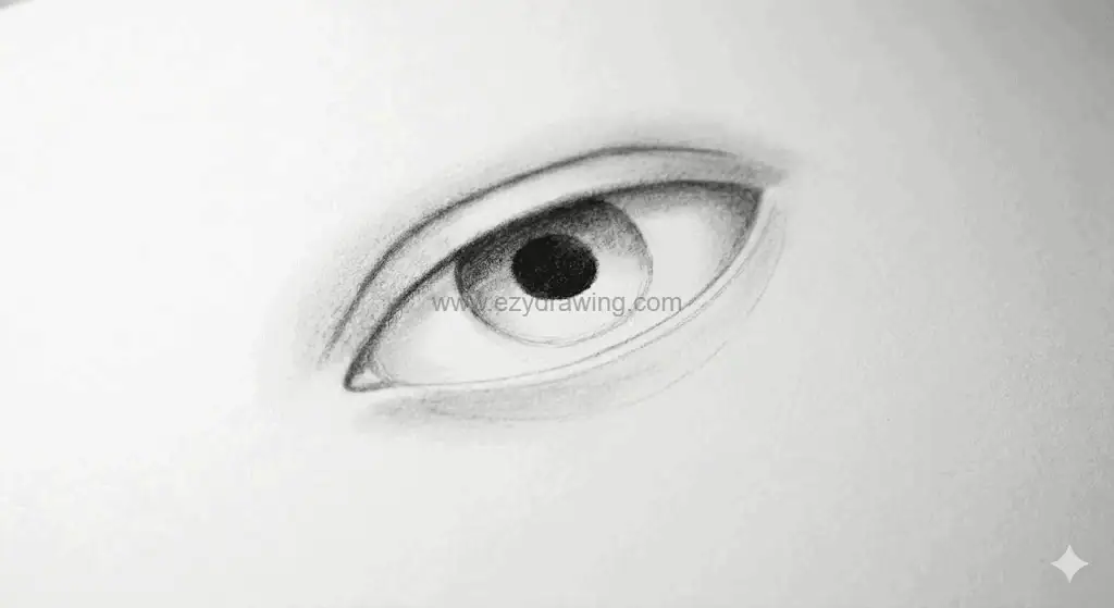Pencil eye drawing with soft shading around the iris, pupil, upper lid, and lower eyelid.