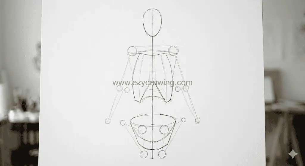 How To Draw Bodies Easy Stunning Beginner Sketch Guide 5 How To Draw Bodies step four showing wireframe limb connections with arms, legs, joints, torso, and pelvis guides.