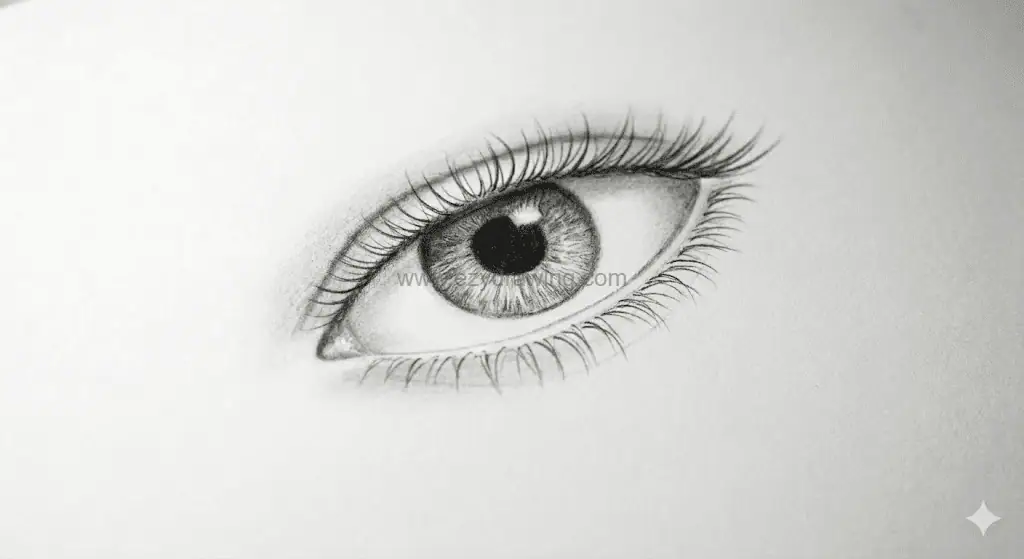 Detailed pencil eye drawing with textured iris, dark pupil, soft shading, and long curved eyelashes.