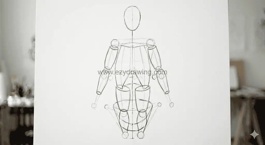 How To Draw Bodies Easy Stunning Beginner Sketch Guide 6 How To Draw Bodies step five showing cylinder limb volumes, tapered arms and legs, torso shapes, and joint guides.
