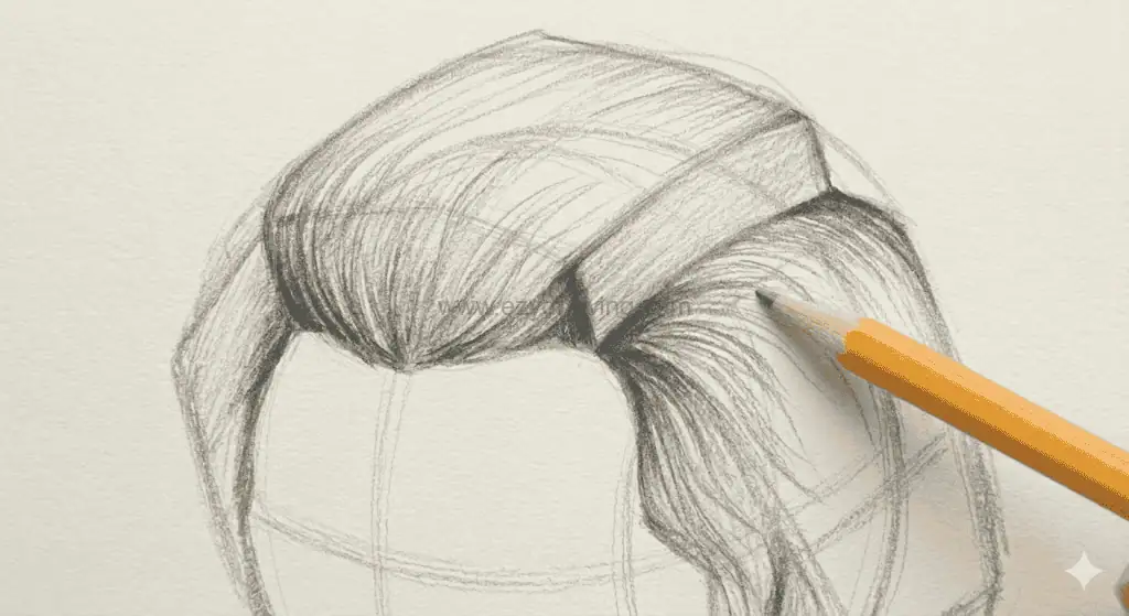 Close up pencil sketch showing shaded male hair texture with a yellow pencil adding fine strands