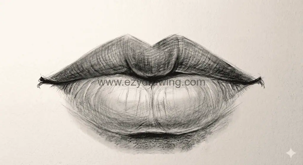 How To Draw Lips Cute Creative Drawing Guide 6 How To Draw Lips step five showing fine texture, darker edges, curved pencil lines, and soft realistic shading.