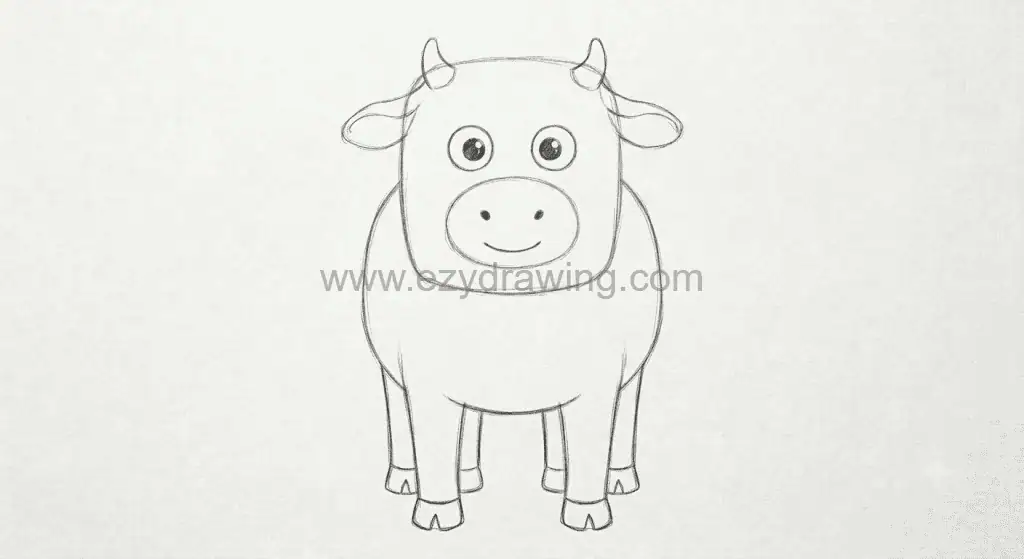 how to draw a cow step 5 shows a cute cow body and legs added under the head with ears, horns, eyes, muzzle, and hooves
