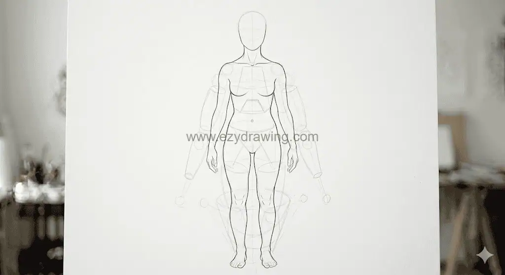 How To Draw Bodies Easy Stunning Beginner Sketch Guide 7 How To Draw Bodies step six showing final figure contours, body definition, muscles, hands, legs, and clean sketch lines.