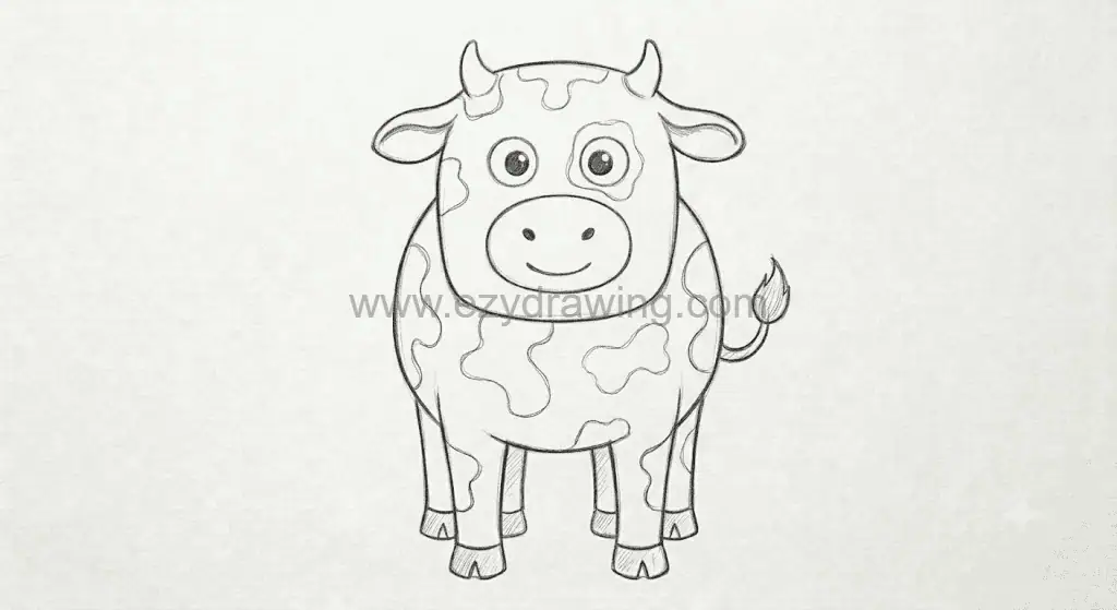 how to draw a cow final step with a cute cartoon cow, rounded body, horns, ears, smiling muzzle, legs, tail, and playful spots