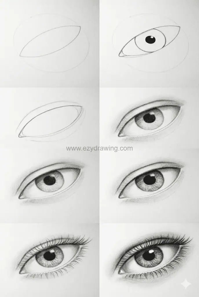 Step by step pencil eye drawing showing basic shape, iris, shading, lashes, and final details.