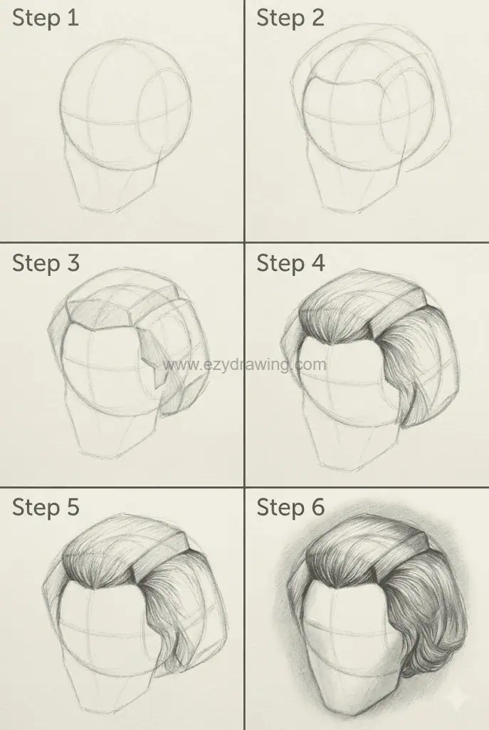 Six step pencil drawing guide showing how to sketch and shade a male hairstyle on a basic head shape