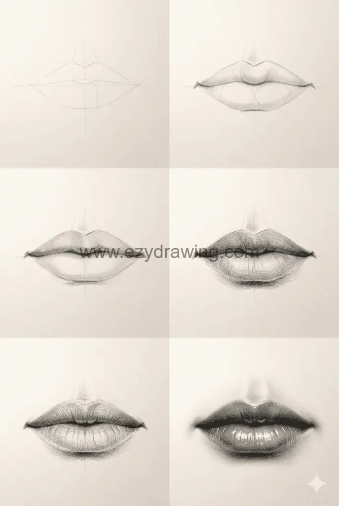 How To Draw Lips Cute Creative Drawing Guide 8 How To Draw Lips six step pencil guide showing outline, shading, texture, highlights, and final realistic sketch.