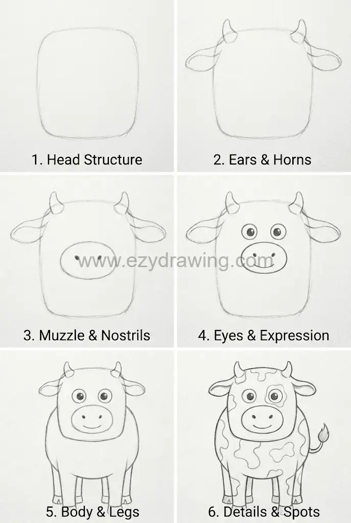 how to draw a cow in 6 easy steps showing head structure, ears, horns, muzzle, eyes, body, legs, spots, and a cute final cow