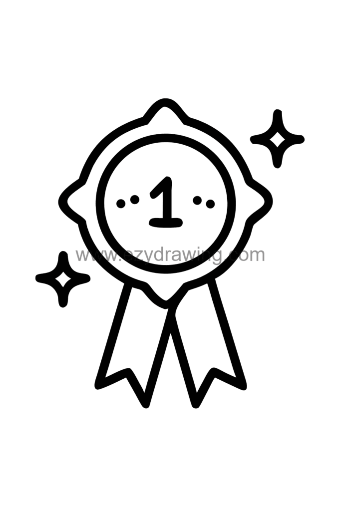  Cute kawaii award ribbon drawing with a large star medal at the top and long ribbon tails hanging below with the number one printed on the star, black and white line art.