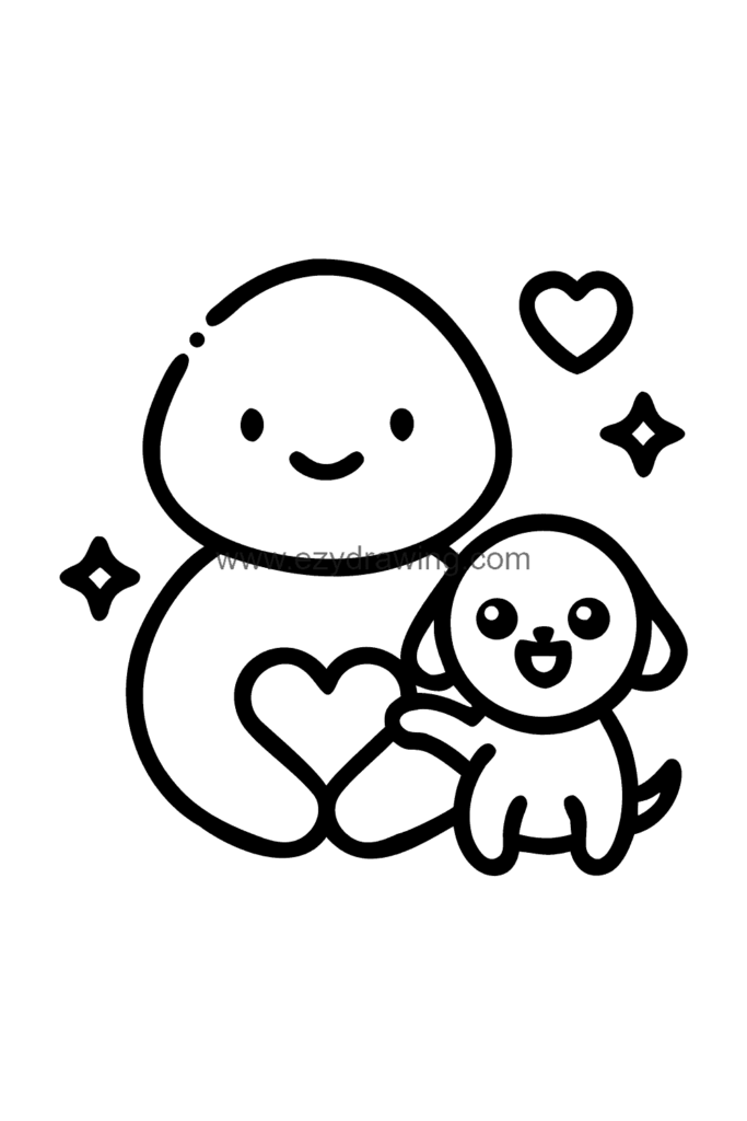  Cute kawaii drawing of a chubby baby and a small puppy sitting side by side with a heart between them, black and white line art.