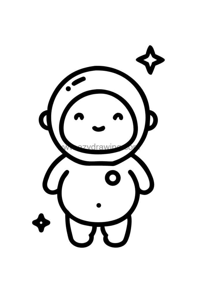Cute kawaii baby astronaut drawing floating in outer space wearing an oversized white spacesuit and round helmet, black and white line art.