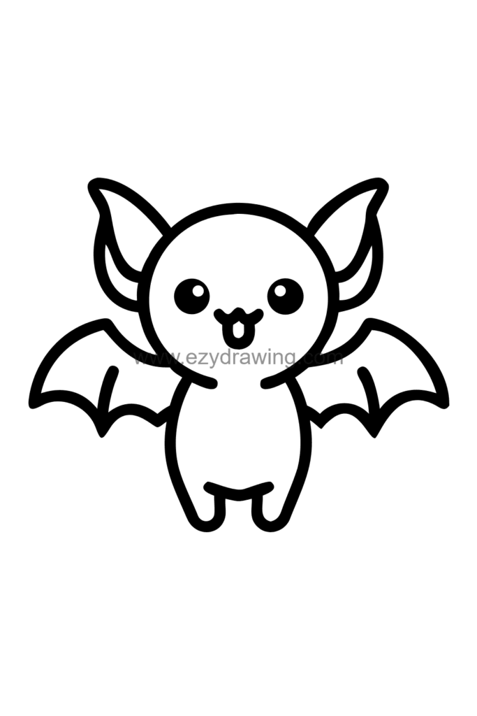 Cute kawaii baby bat drawing with enormous wings too big for its tiny round body, huge innocent eyes, and a surprised expression, black and white line art.