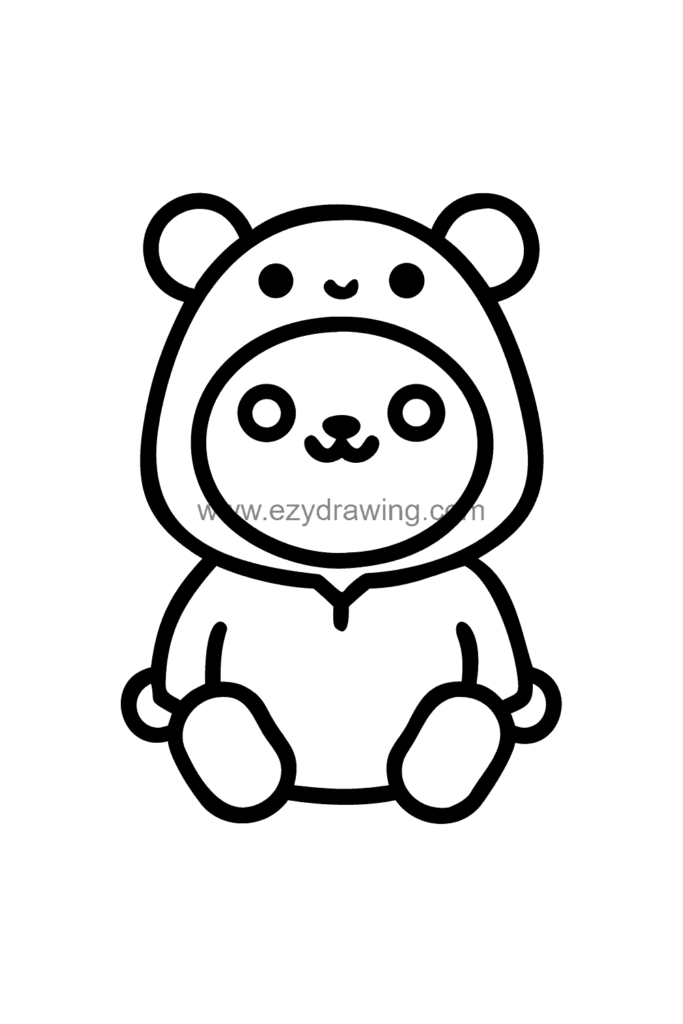  Cute kawaii baby drawing wearing a bear costume onesie with round bear ears on the hood and a tiny bear nose, black and white line art.