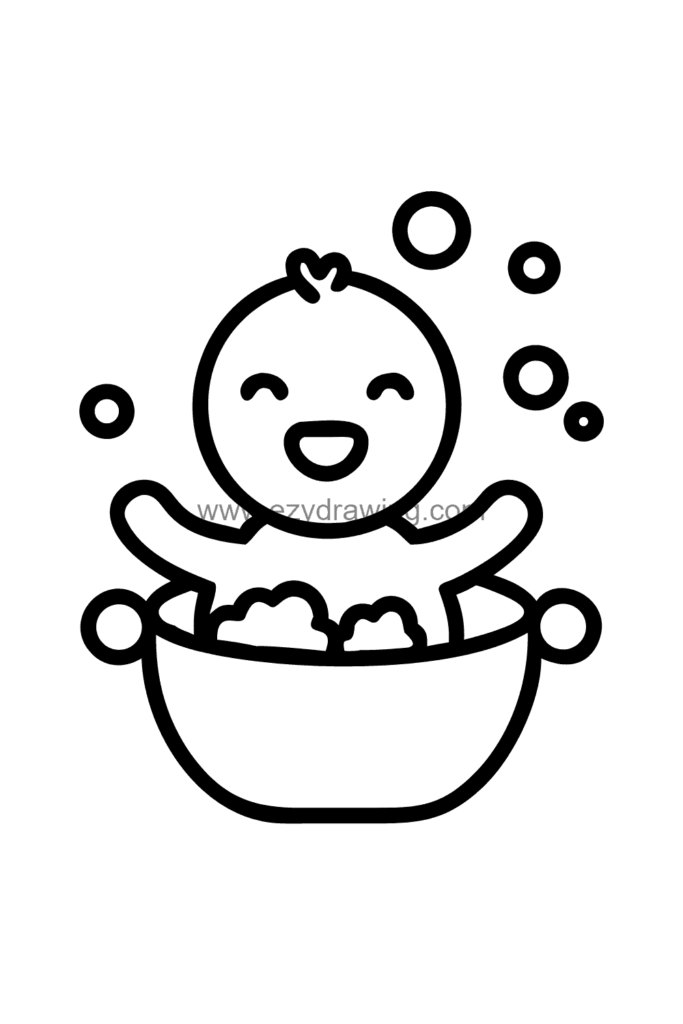 Cute kawaii baby drawing splashing happily in a small bathtub full of bubbles with a rubber duck floating beside it, black and white line art.