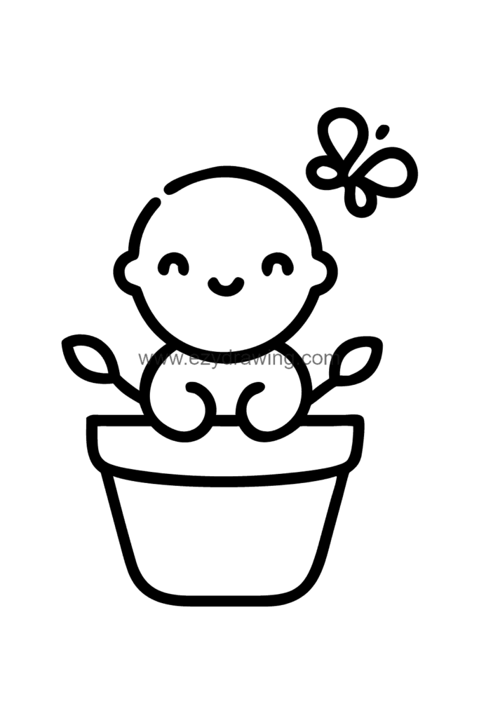  Cute kawaii baby drawing of a tiny baby sitting inside a large flower pot with leaves and small flowers growing around it, black and white line art.