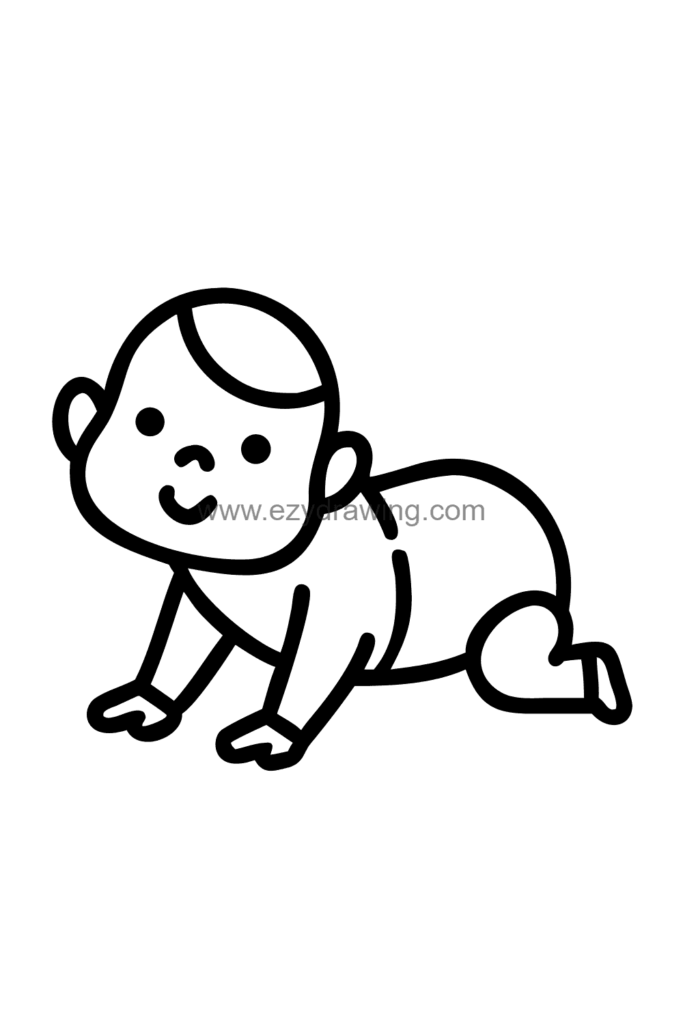 Cute kawaii baby drawing on all fours in a crawling pose looking forward with a determined expression and chubby little legs, black and white line art.