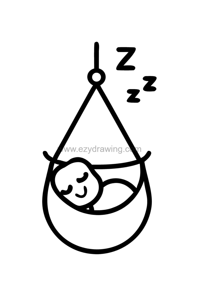 Cute kawaii baby drawing peacefully sleeping in a hanging woven cradle with a mobile of stars and moons swaying above, black and white line art.