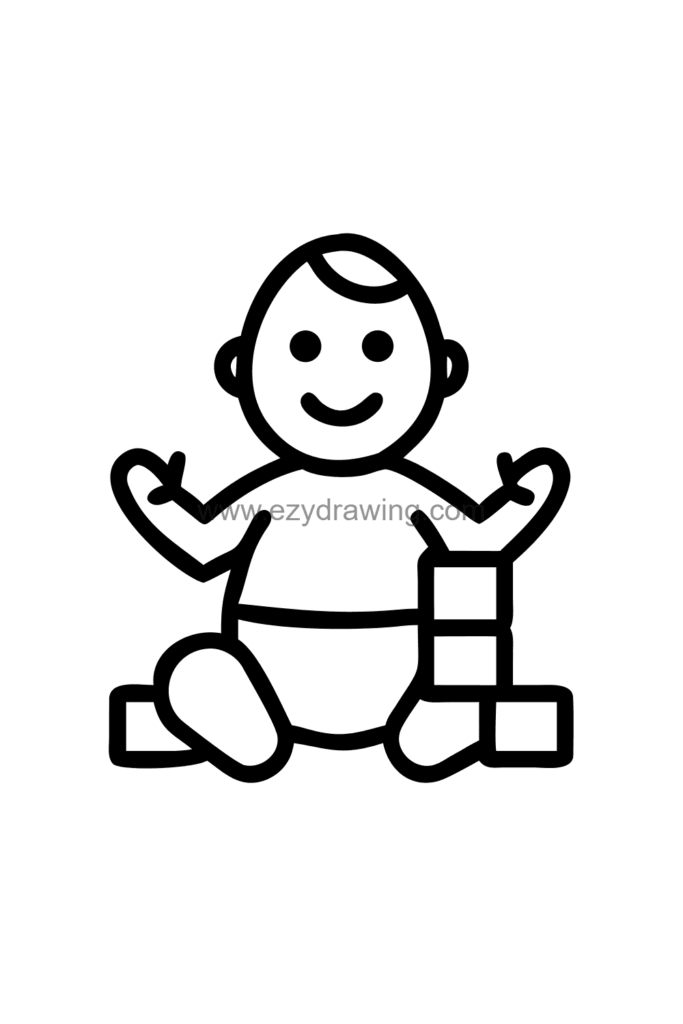 Cute kawaii baby drawing sitting on the floor happily stacking colourful building blocks with tiny hands, black and white line art.