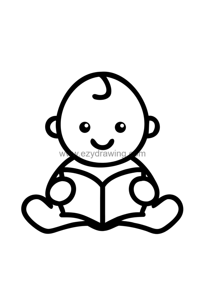  Cute kawaii baby drawing sitting with a large open picture book that is almost as big as itself, looking at the pages with big wide eyes, black and white line art.