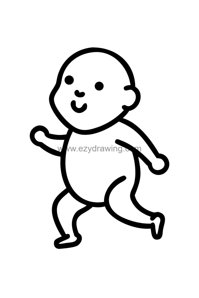  Cute kawaii baby drawing of a chubby baby taking its first wobbly steps forward with arms spread wide for balance, black and white line art.
