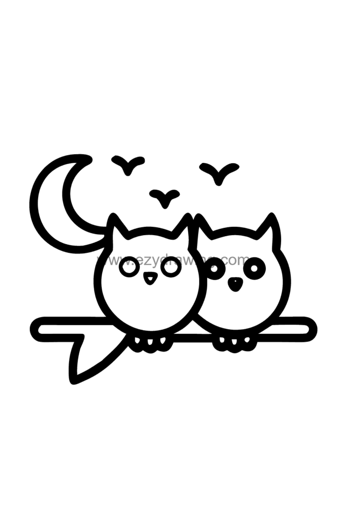 Cute kawaii drawing of a bat and an owl sitting side by side on a moonlit branch as best friends with hearts between them, black and white line art.