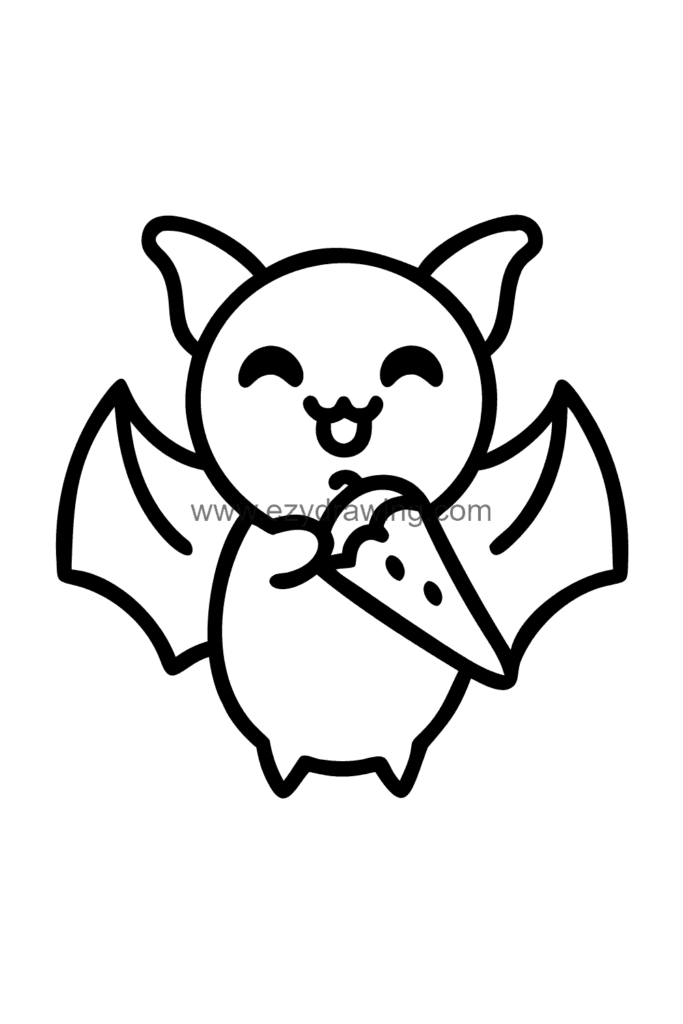 Cute kawaii bat drawing happily chomping on a large slice of watermelon with juice dripping from its mouth, black and white line art.