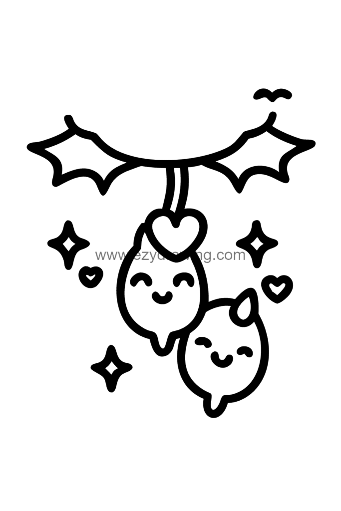 ALT TEXT: Cute kawaii bat drawing of three bats of different sizes hanging upside down from a branch together, wrapped in their wings, black and white line art.