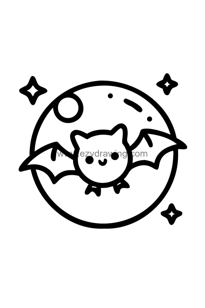 Cute kawaii bat drawing silhouetted against a large full moon in a night sky with stars around it, black and white line art.
