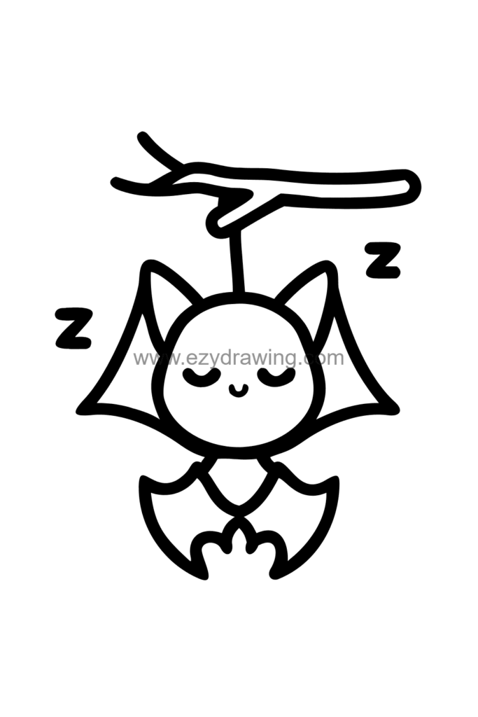  Cute kawaii bat drawing hanging upside down from a tree branch with wings wrapped around its body and sleepy closed eyes, black and white line art.