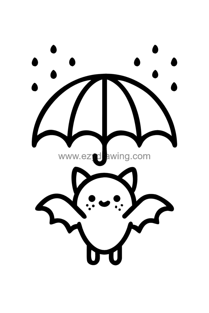 Cute kawaii bat drawing flying through a rainstorm holding a tiny umbrella with raindrops falling all around it, black and white line art.