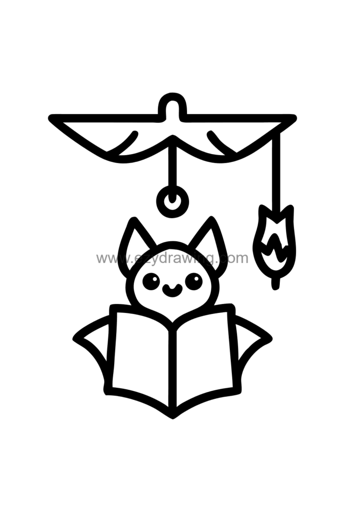 ALT TEXT: Cute kawaii bat drawing hanging upside down from a branch reading a small book by the glow of a single candle below, black and white line art.