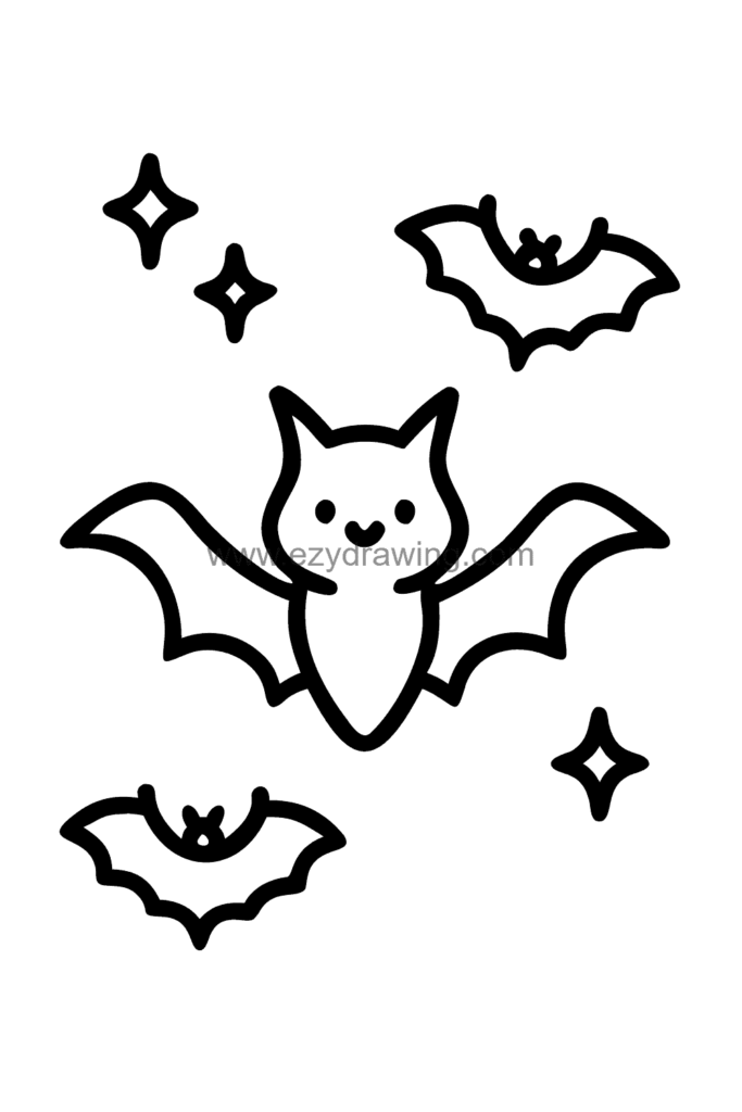 Cute kawaii drawing of a collection of bat silhouettes in many different sizes and flying poses arranged across the page, black and white line art.