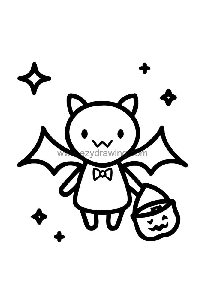 Cute kawaii bat drawing dressed in a tiny vampire cape with a high collar, holding a small jack-o-lantern bucket, black and white line art.