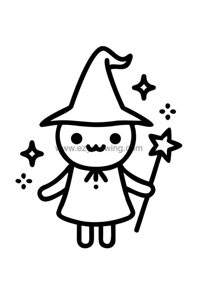 Cute kawaii bat drawing dressed as a tiny wizard wearing a star-covered hat and holding a glowing magic wand, black and white line art.