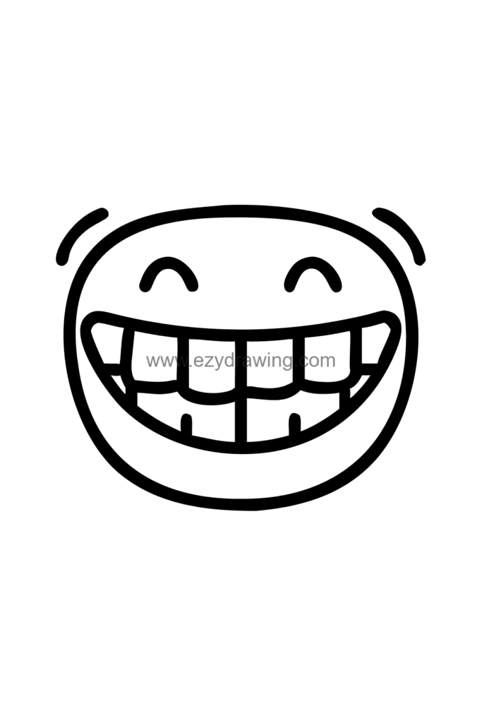  Cute kawaii face drawing with an enormous wide open toothy grin, squinting happy eyes, and rosy cheeks, black and white line art.