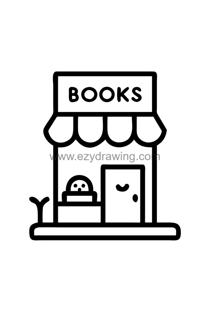 13+ Creative Building Drawing Ideas Easy for Little Artists 9 Cute kawaii bookshop drawing on a cobblestone street with overflowing bookshelves visible through the window, a reading nook sign, and potted plants beside the door, black and white line art.