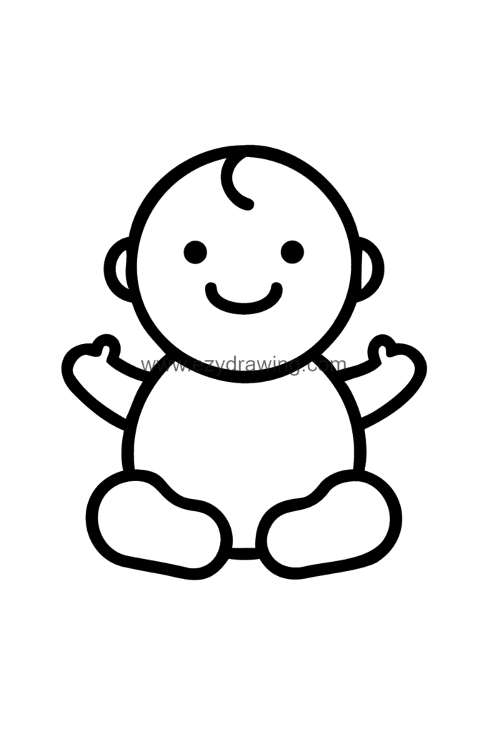 Cute kawaii baby drawing of a chubby baby sitting upright with big innocent eyes, rosy cheeks, and tiny hands reaching forward, black and white line art.