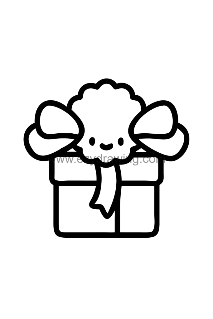 Cute kawaii ribbon bow drawing tied on top of a gift box with looped ribbon crossing the sides and a big fluffy bow in the centre, black and white line art.