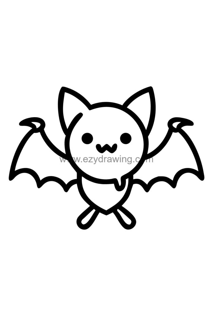  Cute kawaii bat drawing of a small bat flying with wings spread wide, big innocent eyes, and a happy smile, black and white line art.